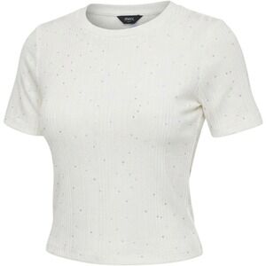 Max Ivory Ribbed Knit Top XL Silver Rhinestone Appliques Short Sleeve SFK3601